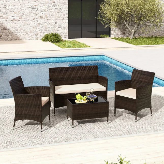 4 Pieces Comfortable Outdoor Rattan Sofa Set with Glass Coffee Table-Light Brown - Light Brown - Patio Furniture Sets