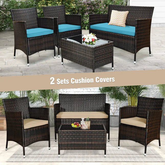 4 Pieces Comfortable Outdoor Rattan Sofa Set with Glass Coffee Table-Beige & Turquoise - Beige & Turquoise - Patio