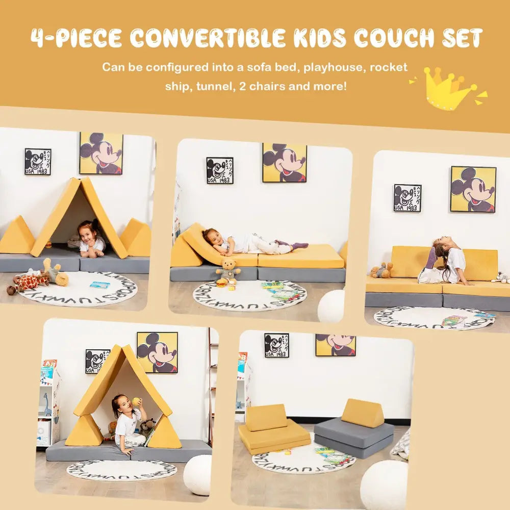 4 Pieces Convertible Kids Couch Set with 2 Folding Mats-Yellow - Yellow - Kids Chairs & Seating