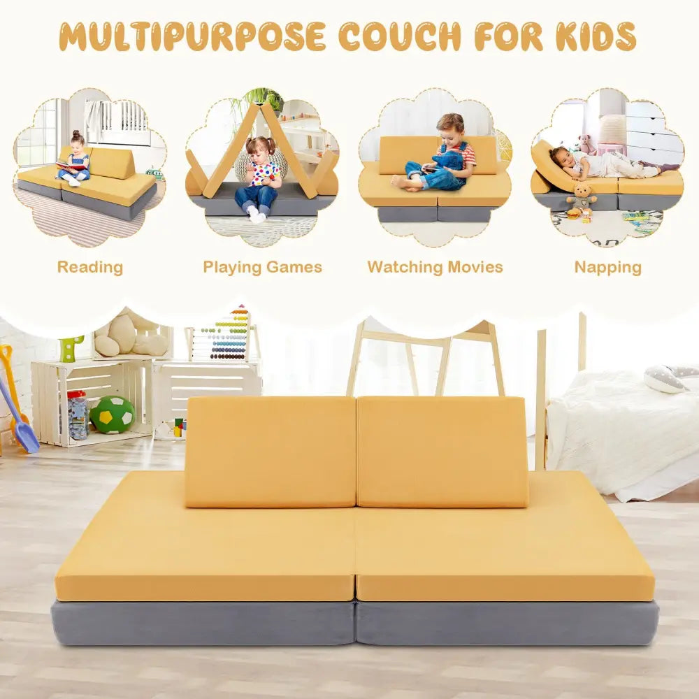 4 Pieces Convertible Kids Couch Set with 2 Folding Mats-Yellow - Yellow - Kids Chairs & Seating