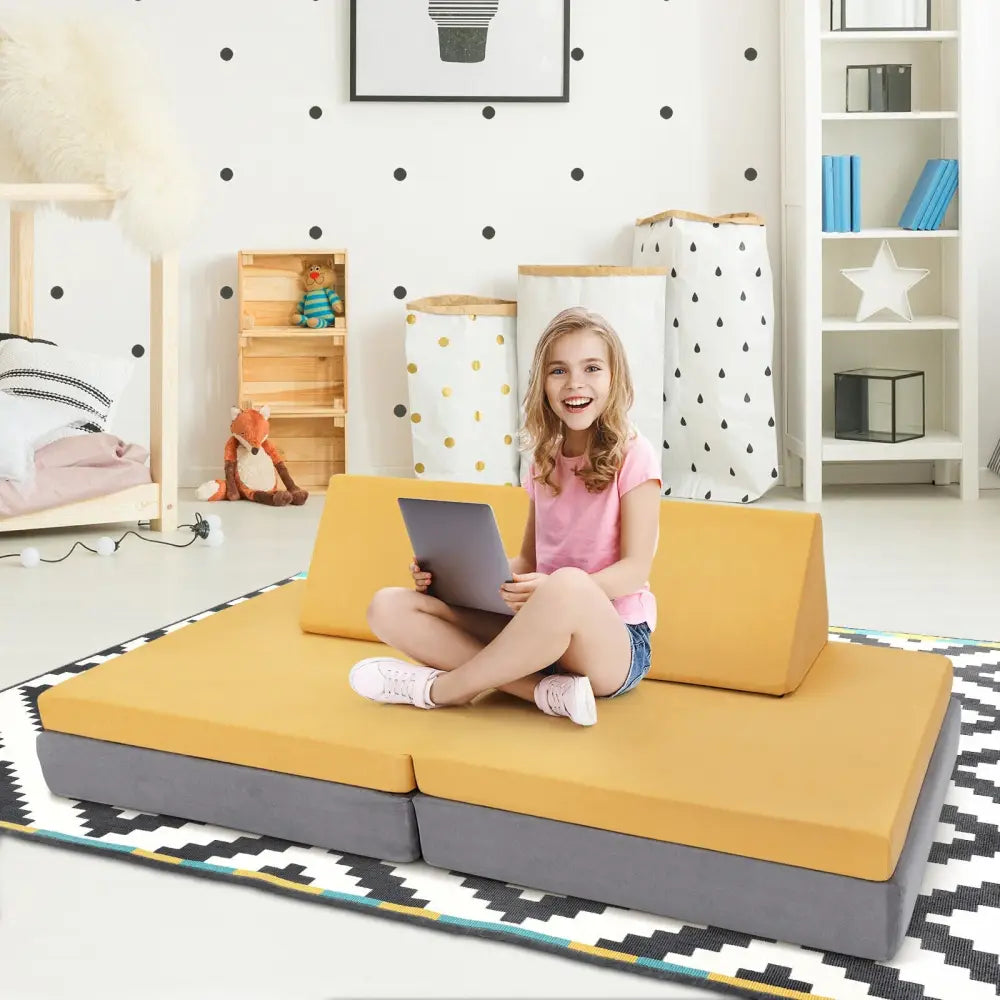 4 Pieces Convertible Kids Couch Set with 2 Folding Mats-Yellow - Yellow - Kids Chairs & Seating