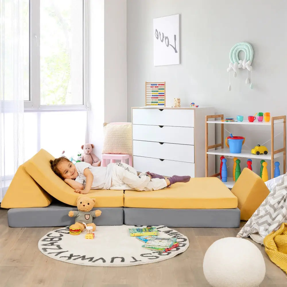 4 Pieces Convertible Kids Couch Set with 2 Folding Mats-Yellow - Yellow - Kids Chairs & Seating