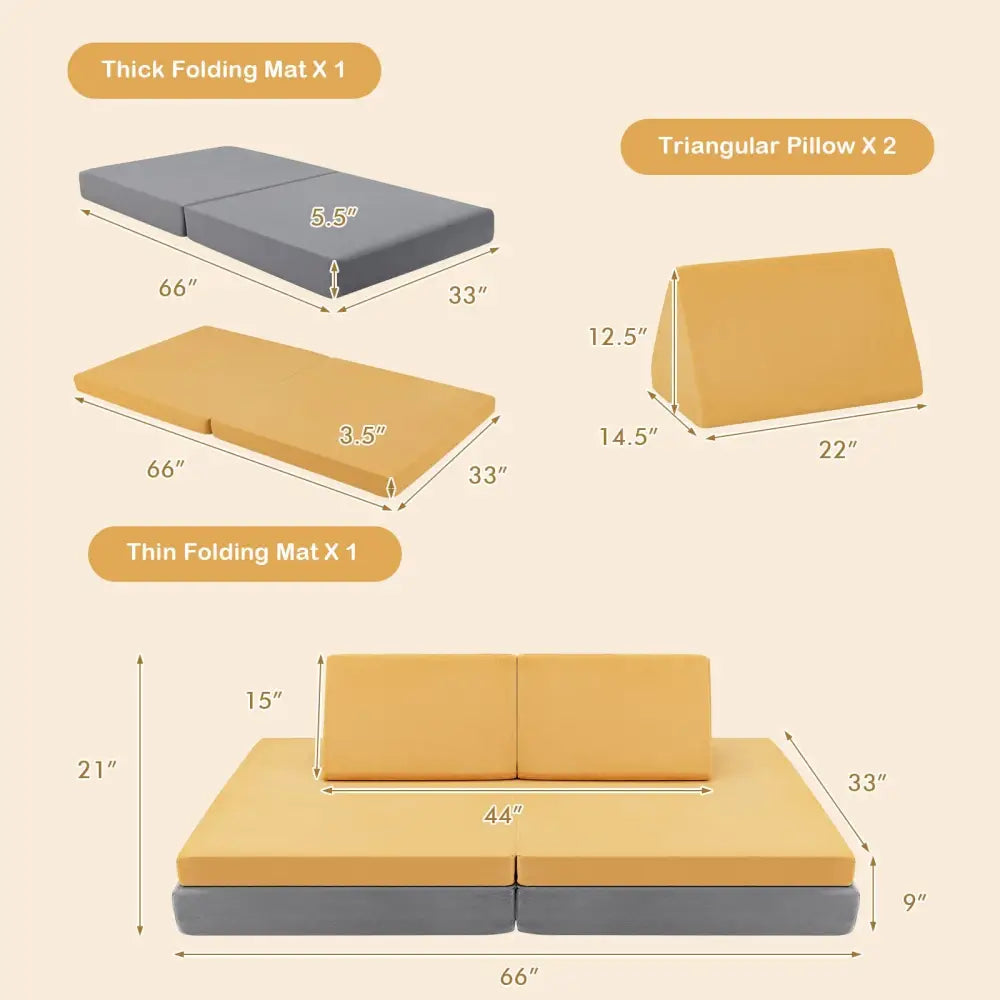 4 Pieces Convertible Kids Couch Set with 2 Folding Mats-Yellow - Yellow - Kids Chairs & Seating