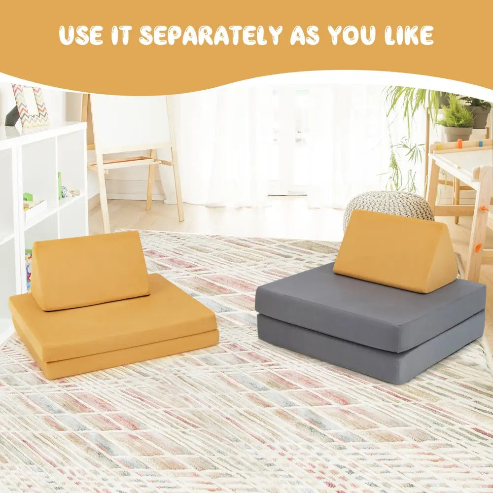 4 Pieces Convertible Kids Couch Set with 2 Folding Mats-Yellow - Yellow - Kids Chairs & Seating