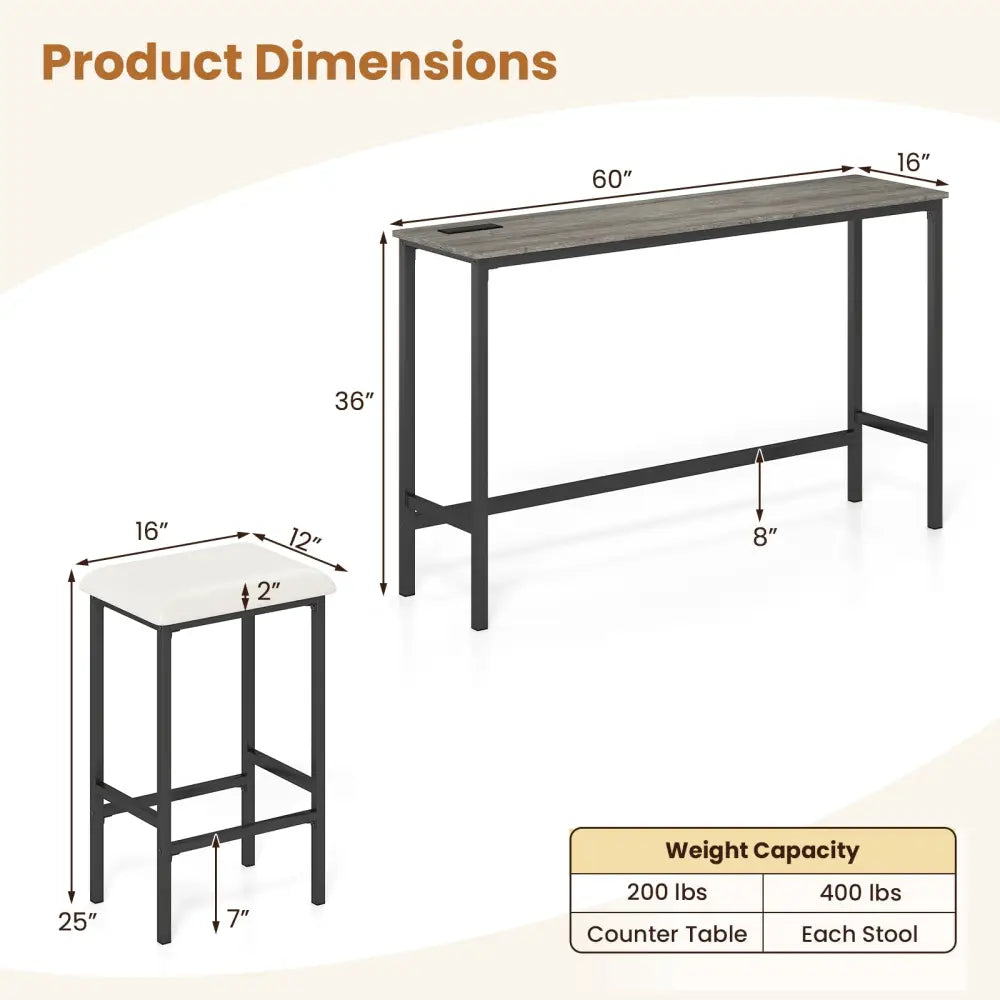 4 Pieces Counter Height Bar Table with Power Outlet with 3 Padded Stools-Gray - Gray - Dining Room Sets
