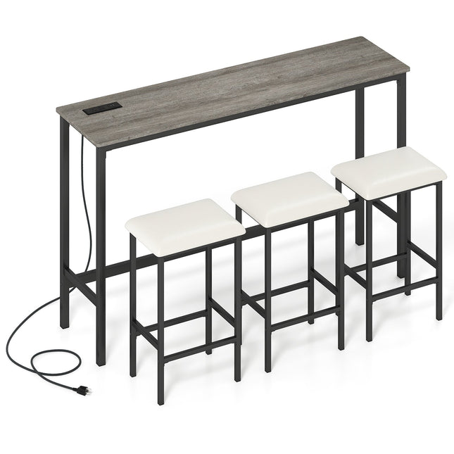 4 Pieces Counter Height Bar Table with Power Outlet with 3 Padded Stools-Gray - Gray - Dining Room Sets