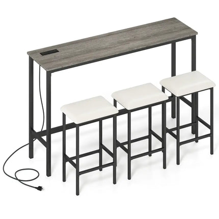 4 Pieces Counter Height Bar Table with Power Outlet with 3 Padded Stools-Gray - Gray - Dining Room Sets