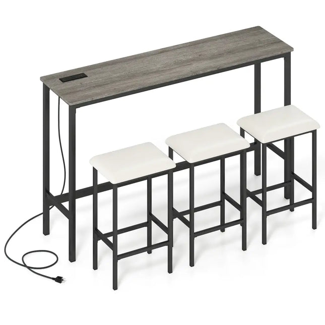 4 Pieces Counter Height Bar Table with Power Outlet with 3 Padded Stools-Gray - Gray - Dining Room Sets