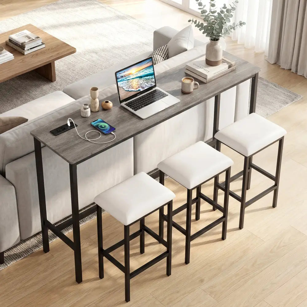 4 Pieces Counter Height Bar Table with Power Outlet with 3 Padded Stools-Gray - Gray - Dining Room Sets