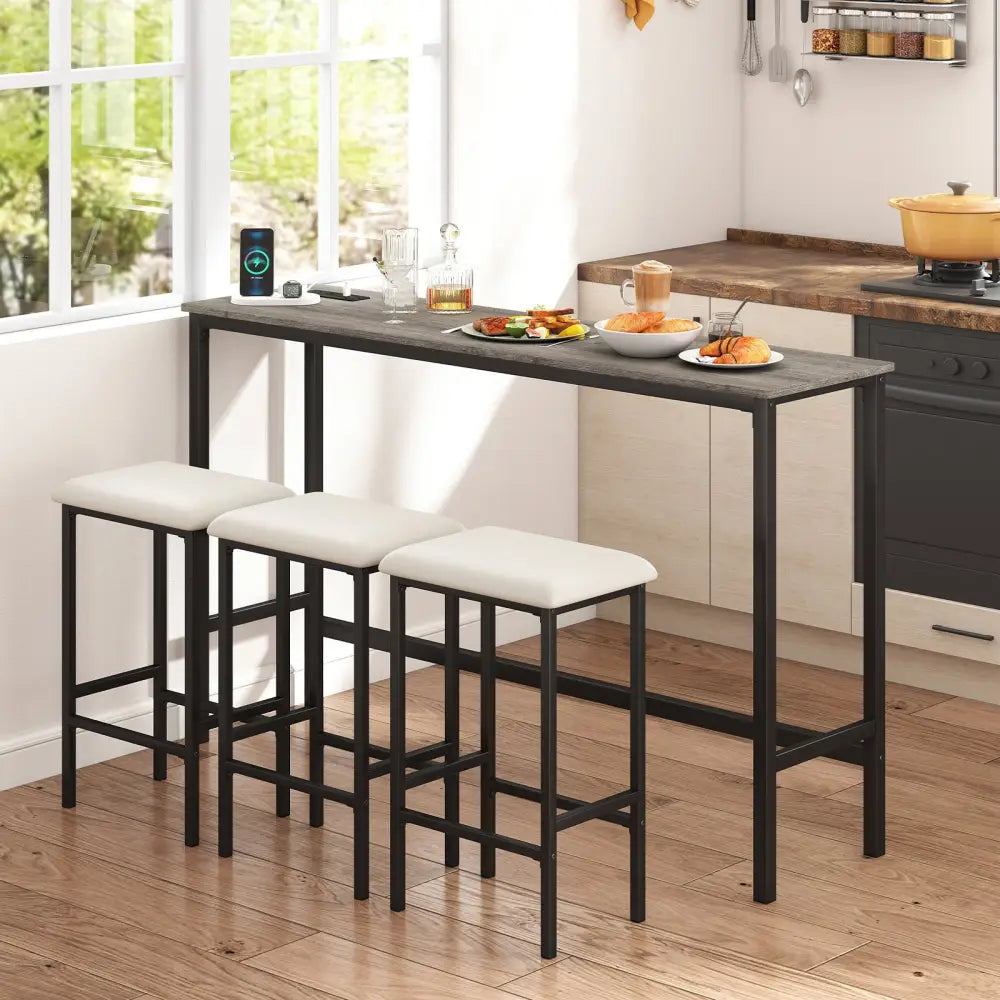 4 Pieces Counter Height Bar Table with Power Outlet with 3 Padded Stools-Gray - Gray - Dining Room Sets