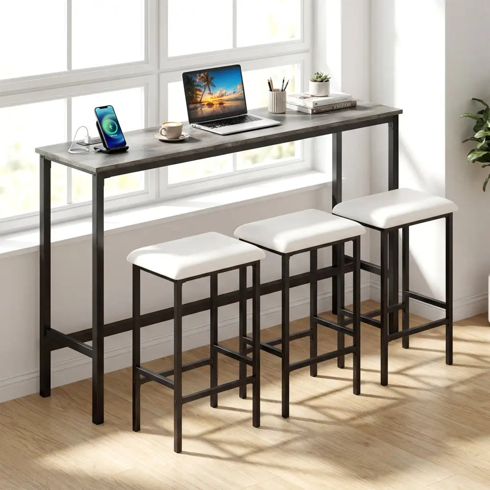 4 Pieces Counter Height Bar Table with Power Outlet with 3 Padded Stools-Gray - Gray - Dining Room Sets