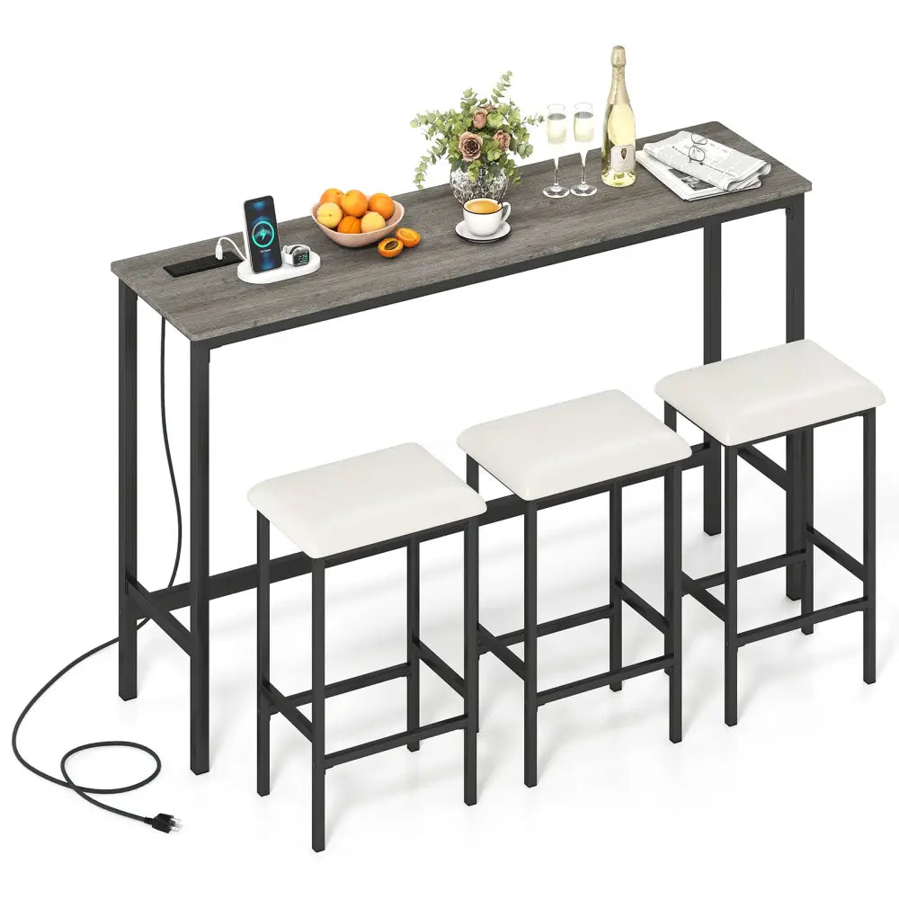 4 Pieces Counter Height Bar Table with Power Outlet with 3 Padded Stools-Gray - Gray - Dining Room Sets