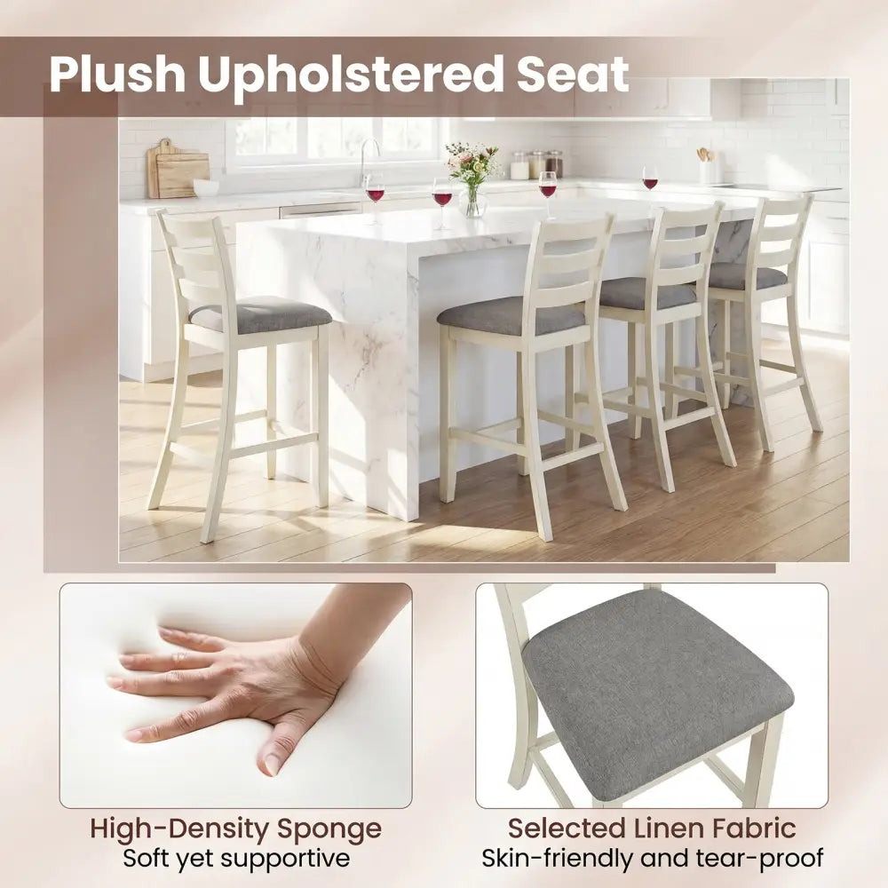 4 Pieces Counter Height Chairs with Fabric Seat and Rubber Wood Legs-Beige - Beige - Bar Stools