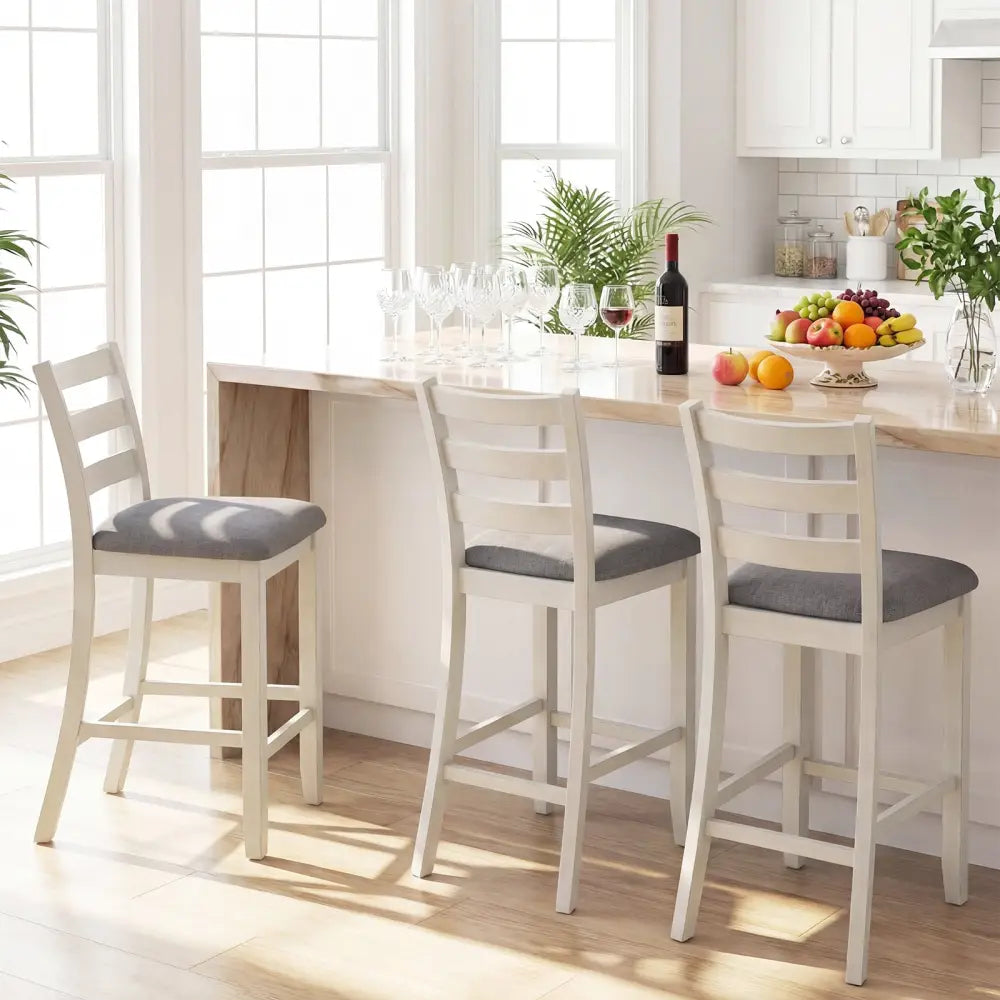 4 Pieces Counter Height Chairs with Fabric Seat and Rubber Wood Legs-Beige - Beige - Bar Stools