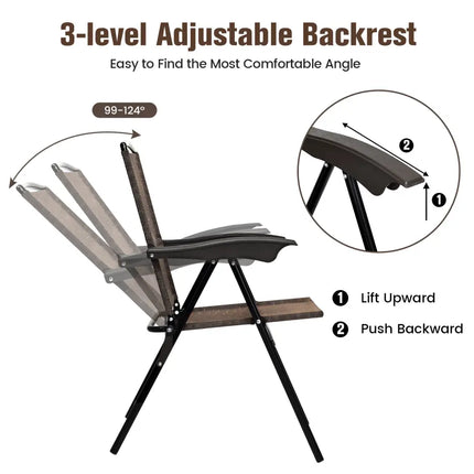 4 Pieces Folding Dining Chairs with Steel Armrests and Sling Back - Brown - Patio Dining Chairs