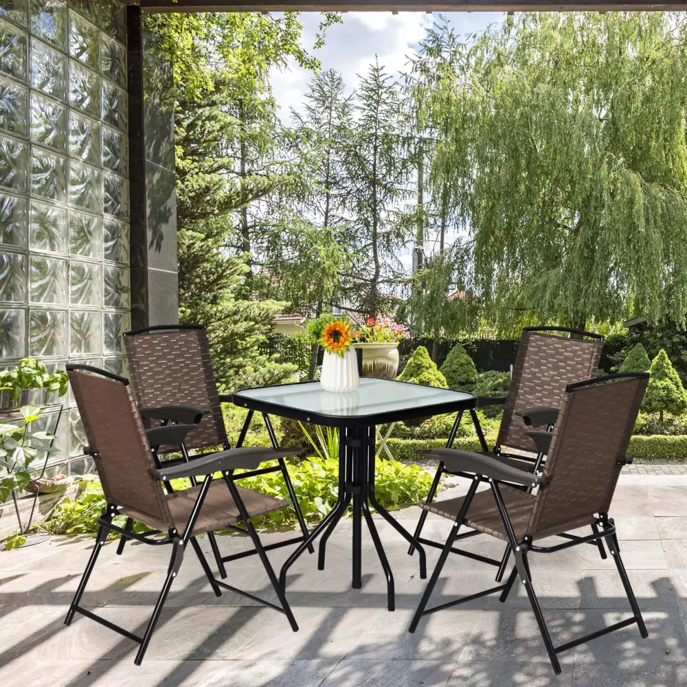 4 Pieces Folding Dining Chairs with Steel Armrests and Sling Back - Brown - Patio Dining Chairs