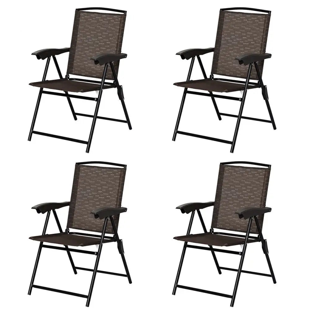 4 Pieces Folding Dining Chairs with Steel Armrests and Sling Back - Brown - Patio Dining Chairs