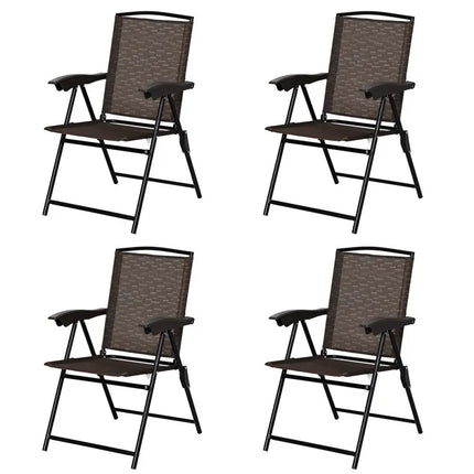 4 Pieces Folding Dining Chairs with Steel Armrests and Sling Back - Brown - Patio Dining Chairs