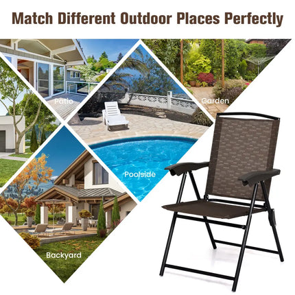 4 Pieces Folding Dining Chairs with Steel Armrests and Sling Back - Brown - Patio Dining Chairs