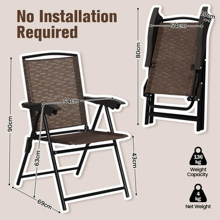 4 Pieces Folding Dining Chairs with Steel Armrests and Sling Back - Brown - Patio Dining Chairs