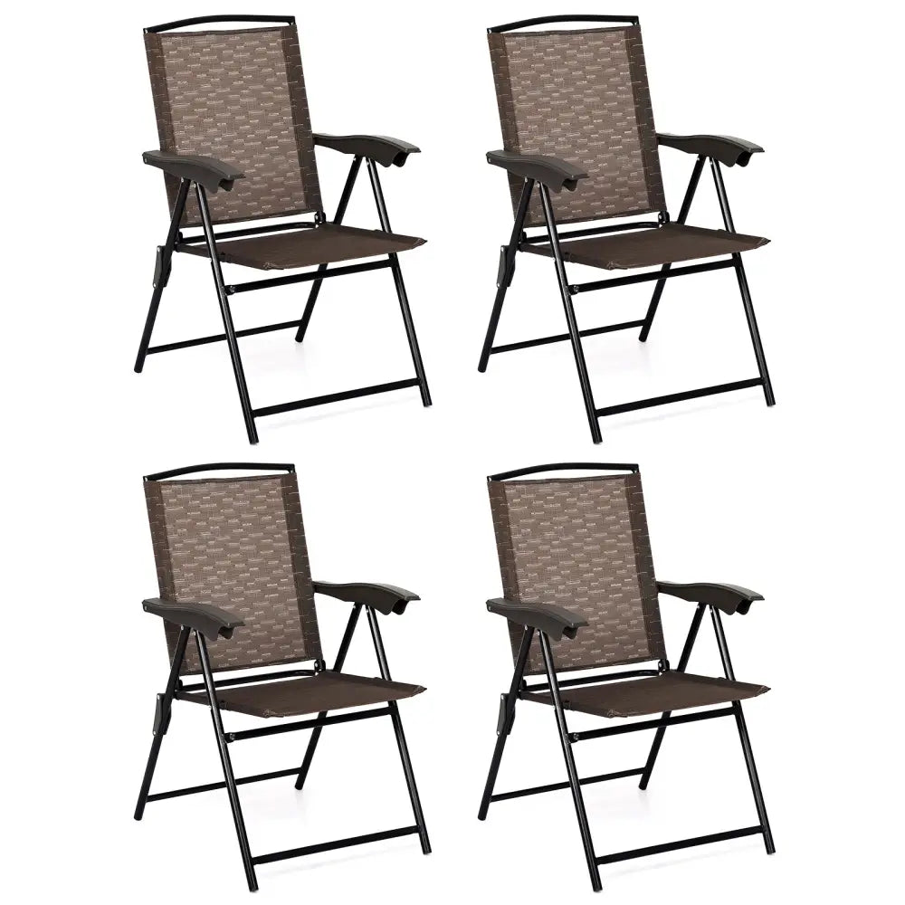 4 Pieces Folding Dining Chairs with Steel Armrests and Sling Back - Brown - Patio Dining Chairs
