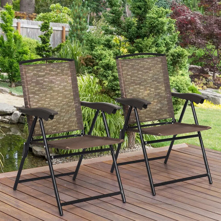 4 Pieces Folding Dining Chairs with Steel Armrests and Sling Back - Brown - Patio Dining Chairs