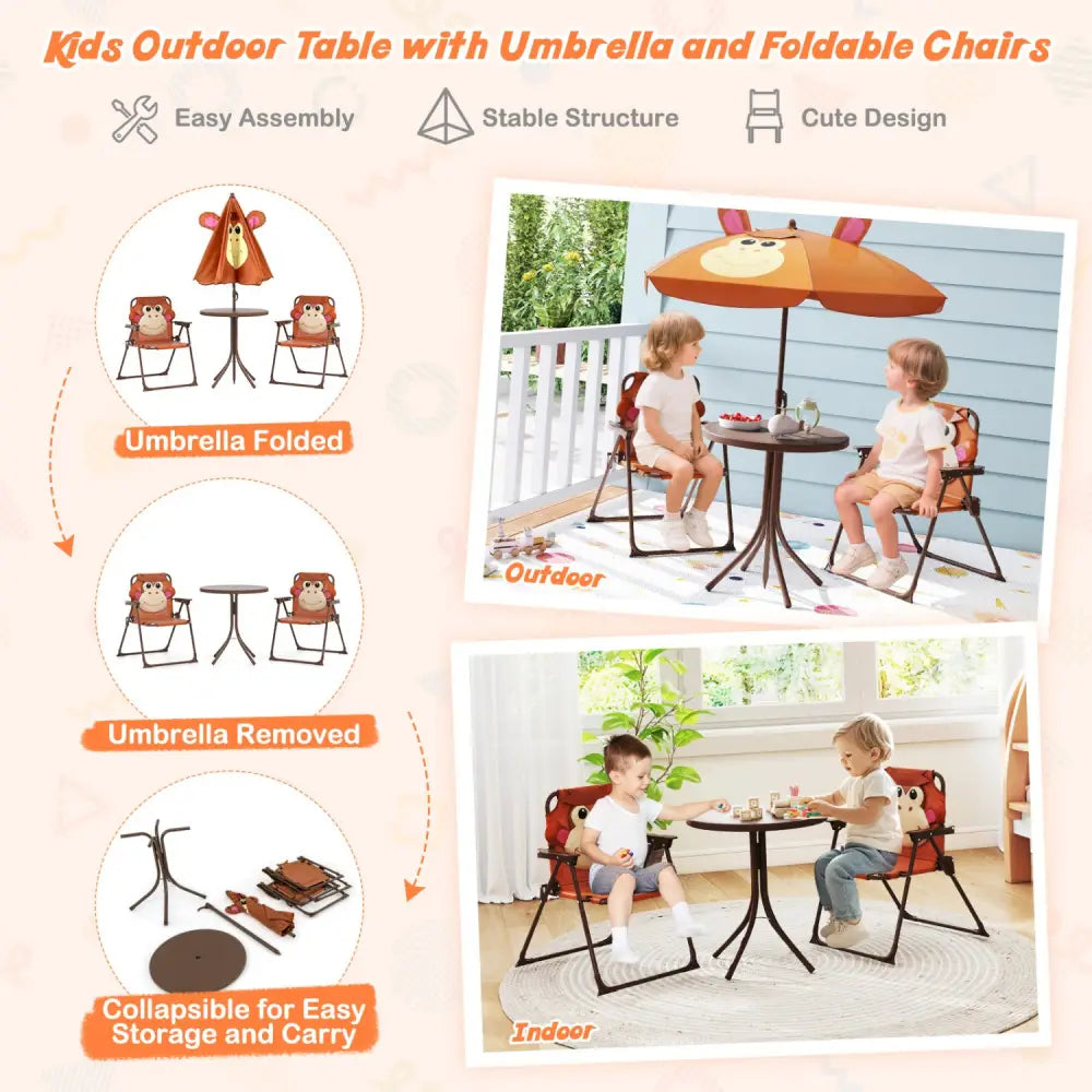 4 Pieces Kids Picnic Set with 2 Folding Chairs and Height Adjustable Umbrella-Brown - Brown - Kids Table & Chair Sets
