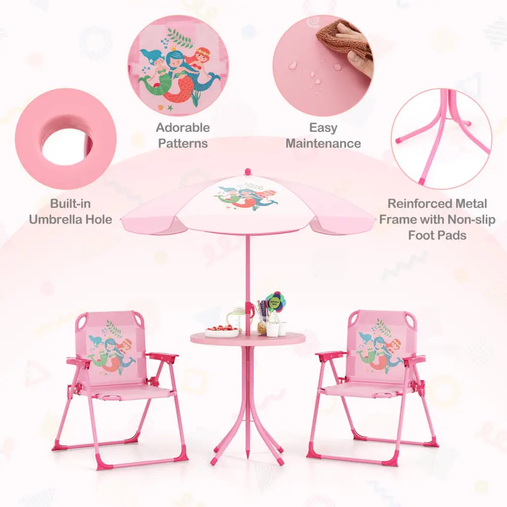 4 Pieces Kids Picnic Set with 2 Folding Chairs and Height Adjustable Umbrella-Pink - Pink - Kids Table & Chair Sets