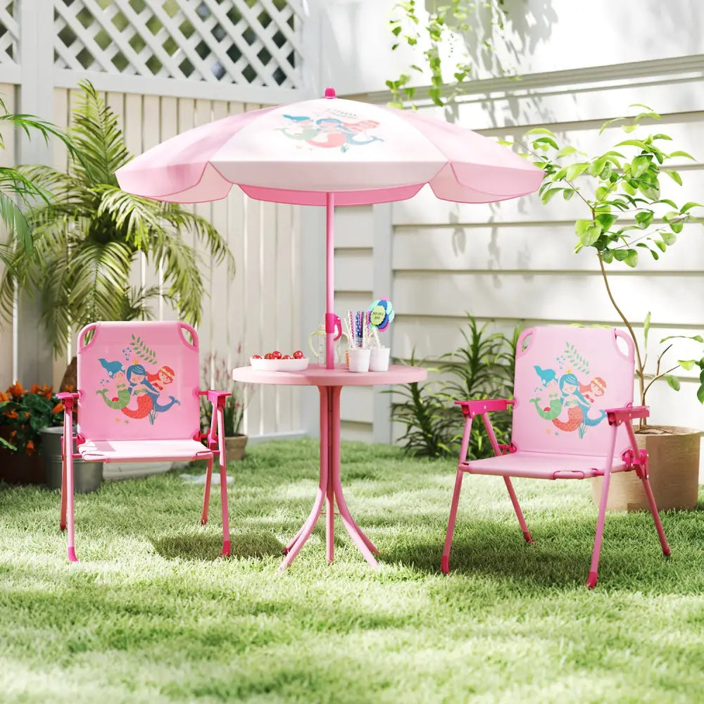 4 Pieces Kids Picnic Set with 2 Folding Chairs and Height Adjustable Umbrella-Pink - Pink - Kids Table & Chair Sets