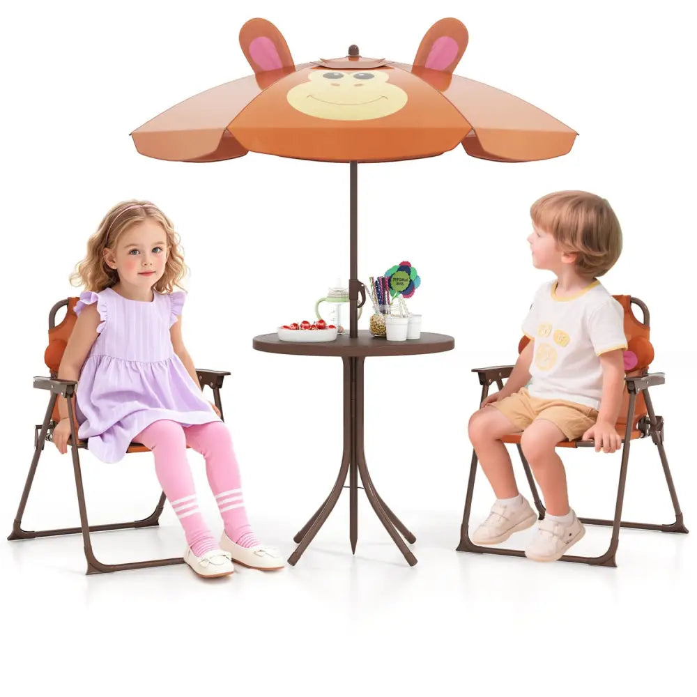 4 Pieces Kids Picnic Set with 2 Folding Chairs and Height Adjustable Umbrella-Brown - Brown - Kids Table & Chair Sets