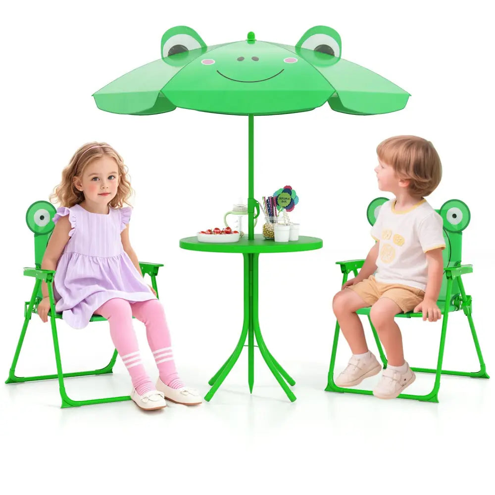 4 Pieces Kids Picnic Set with 2 Folding Chairs and Height Adjustable Umbrella-Green - Green - Kids Table & Chair Sets