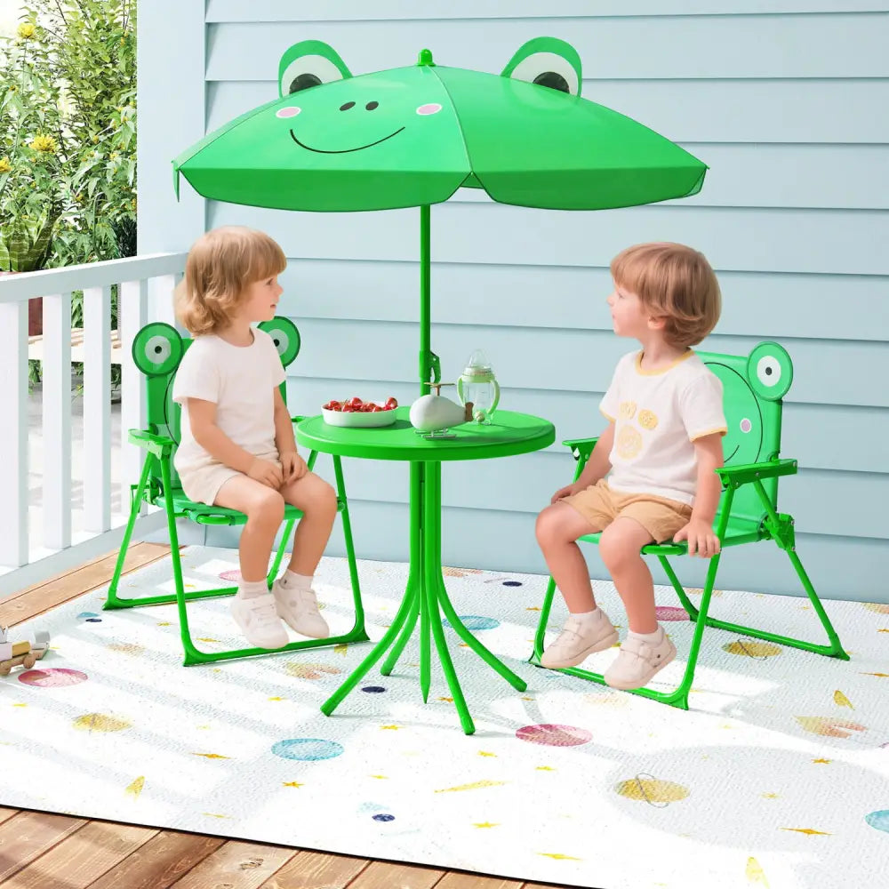 4 Pieces Kids Picnic Set with 2 Folding Chairs and Height Adjustable Umbrella-Green - Green - Kids Table & Chair Sets