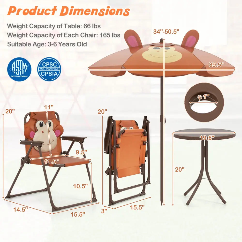 4 Pieces Kids Picnic Set with 2 Folding Chairs and Height Adjustable Umbrella-Brown - Brown - Kids Table & Chair Sets