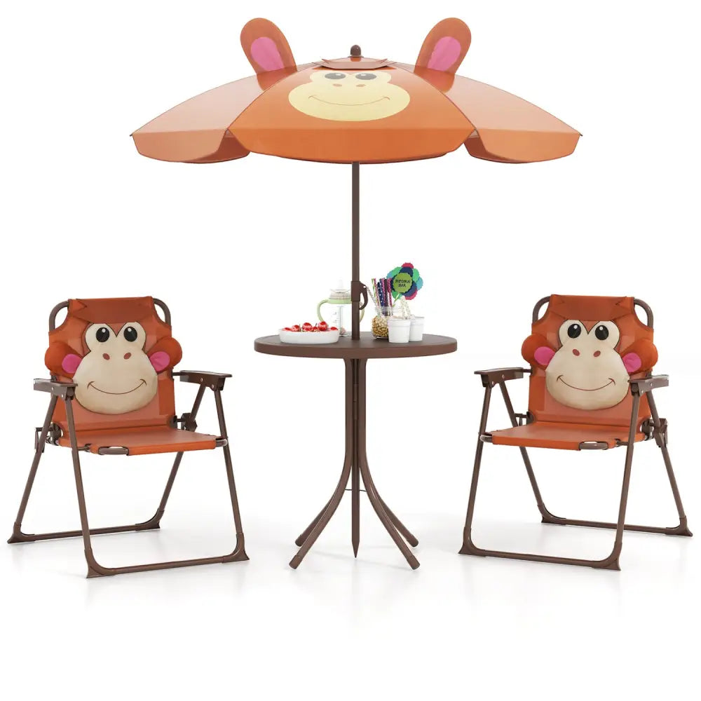 4 Pieces Kids Picnic Set with 2 Folding Chairs and Height Adjustable Umbrella-Brown - Brown - Kids Table & Chair Sets