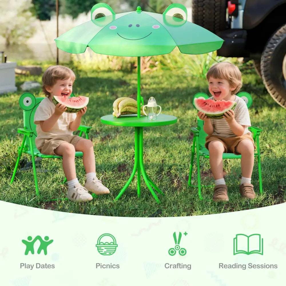 4 Pieces Kids Picnic Set with 2 Folding Chairs and Height Adjustable Umbrella-Green - Green - Kids Table & Chair Sets