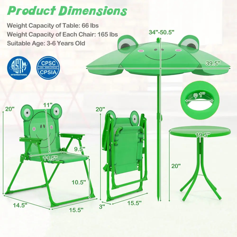 4 Pieces Kids Picnic Set with 2 Folding Chairs and Height Adjustable Umbrella-Green - Green - Kids Table & Chair Sets