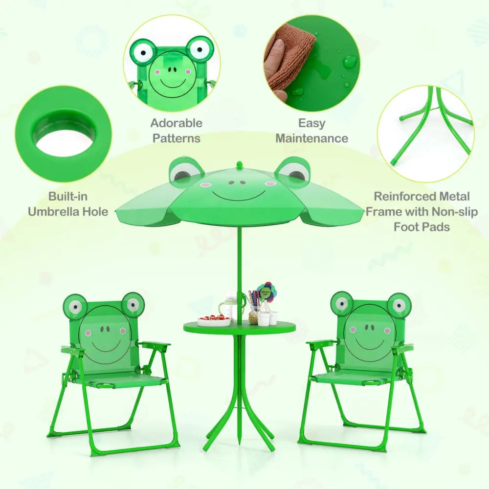 4 Pieces Kids Picnic Set with 2 Folding Chairs and Height Adjustable Umbrella-Green - Green - Kids Table & Chair Sets