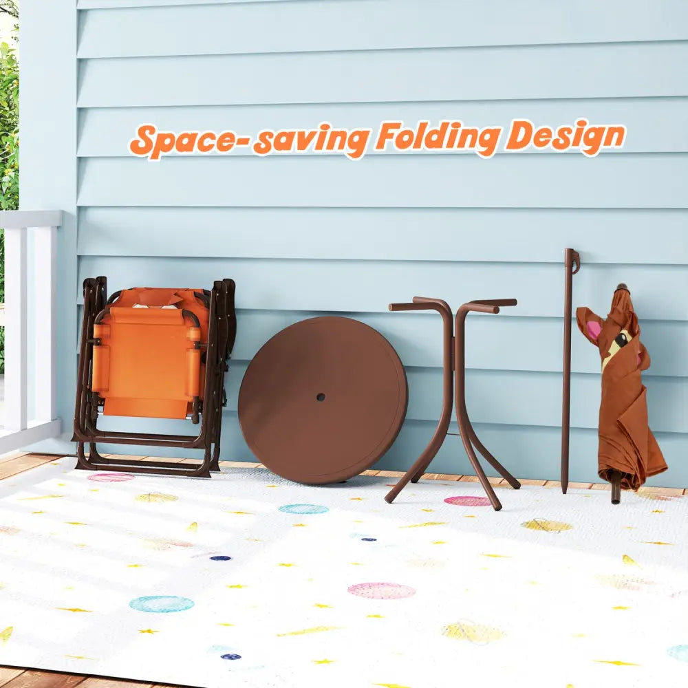 4 Pieces Kids Picnic Set with 2 Folding Chairs and Height Adjustable Umbrella-Brown - Brown - Kids Table & Chair Sets