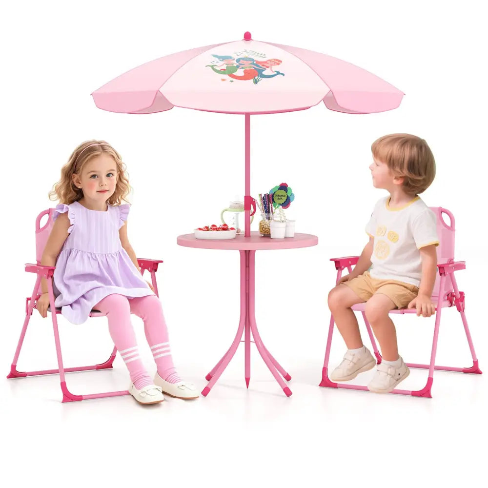 4 Pieces Kids Picnic Set with 2 Folding Chairs and Height Adjustable Umbrella-Pink - Pink - Kids Table & Chair Sets