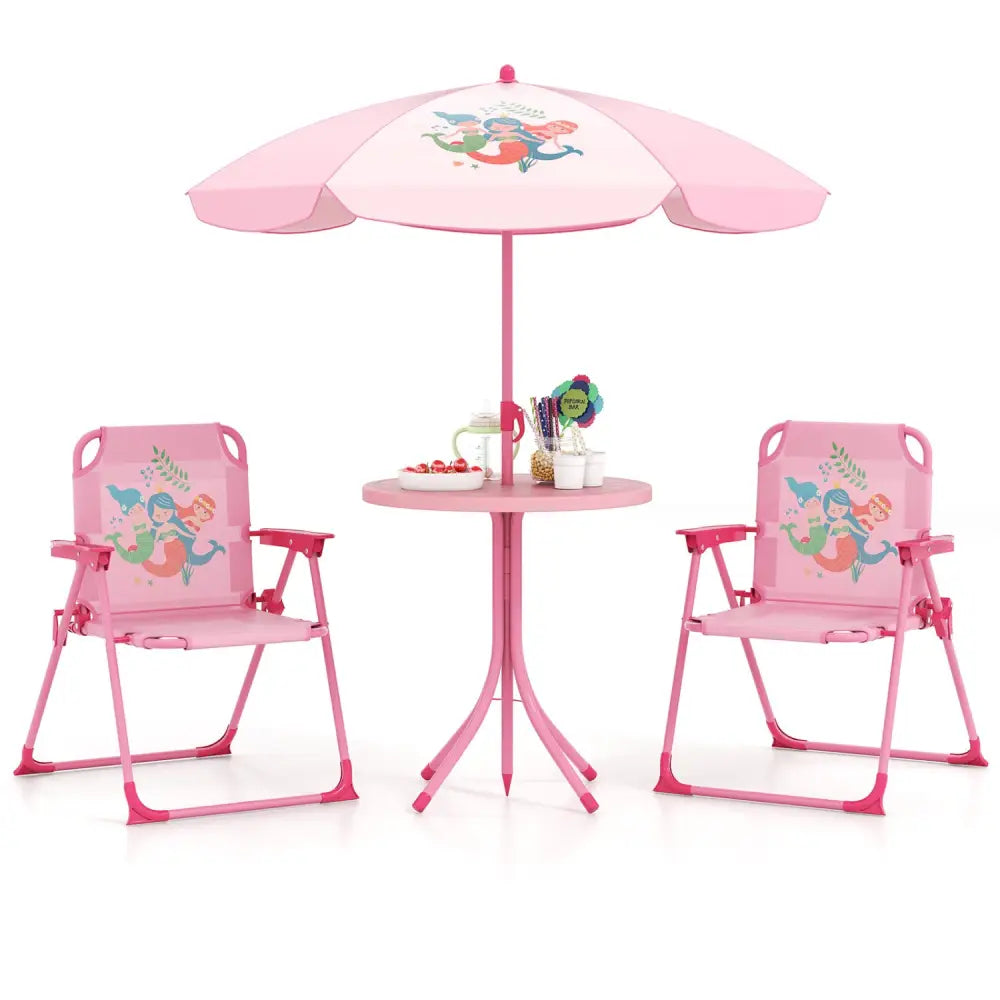 4 Pieces Kids Picnic Set with 2 Folding Chairs and Height Adjustable Umbrella-Pink - Pink - Kids Table & Chair Sets