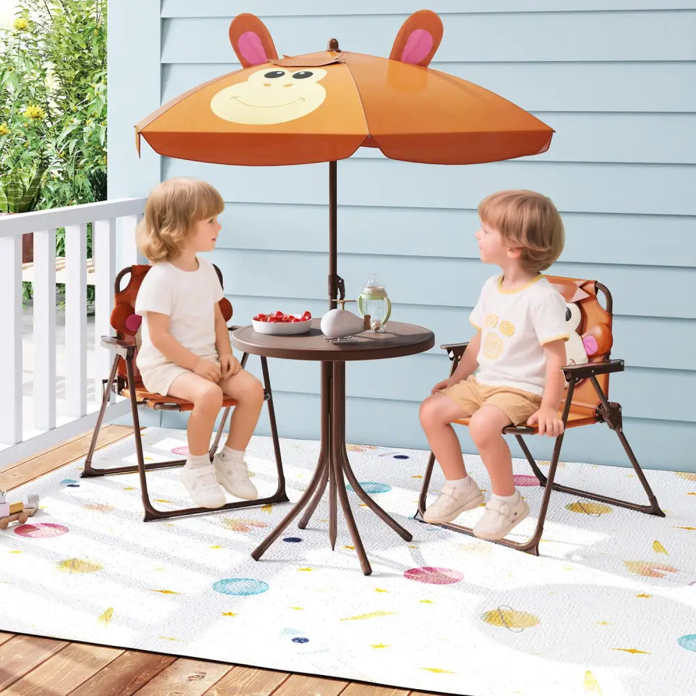 4 Pieces Kids Picnic Set with 2 Folding Chairs and Height Adjustable Umbrella-Brown - Brown - Kids Table & Chair Sets
