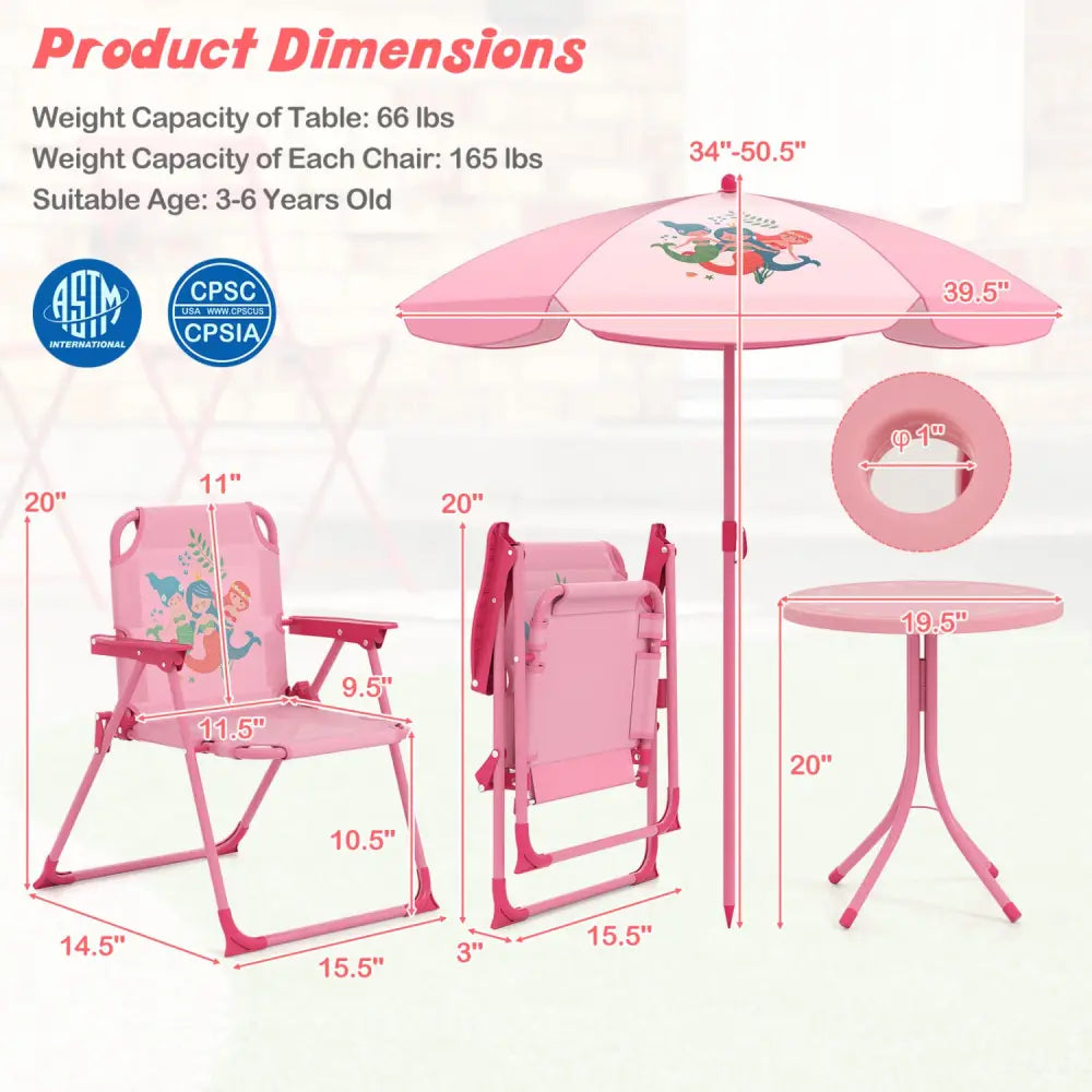 4 Pieces Kids Picnic Set with 2 Folding Chairs and Height Adjustable Umbrella-Pink - Pink - Kids Table & Chair Sets