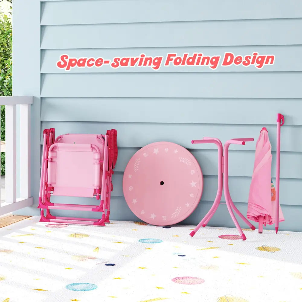 4 Pieces Kids Picnic Set with 2 Folding Chairs and Height Adjustable Umbrella-Pink - Pink - Kids Table & Chair Sets