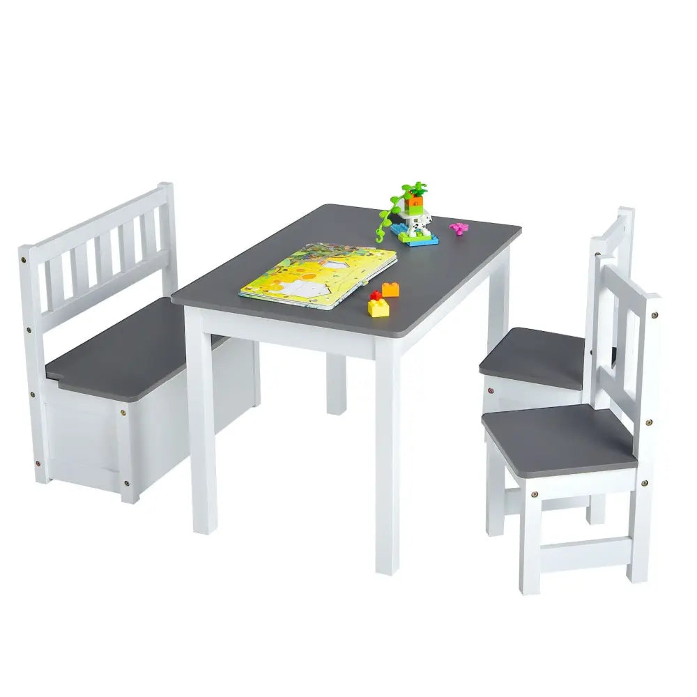 4 Pieces Kids Wooden Activity Table and Chairs Set with Storage Bench and Study Desk-Gray - Gray - Kids Table & Chair