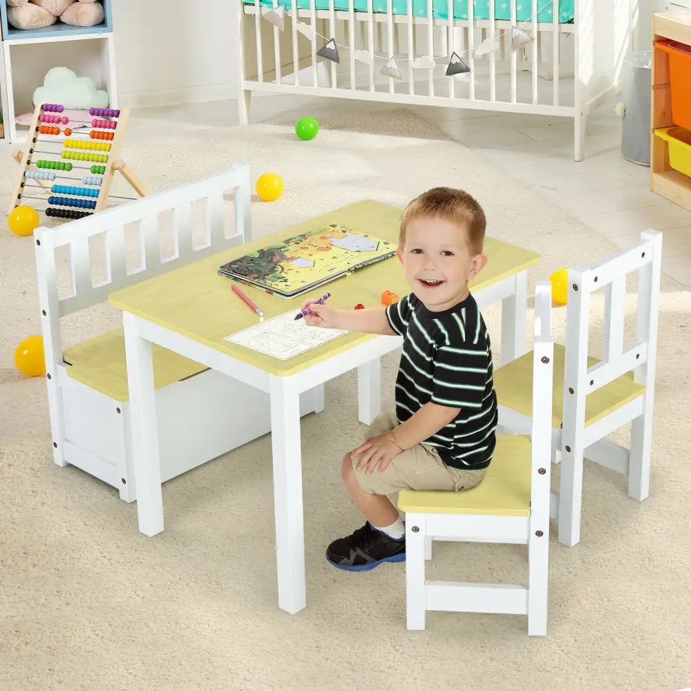 4 Pieces Kids Wooden Activity Table and Chairs Set with Storage Bench and Study Desk-Natural - Natural - Kids Table &