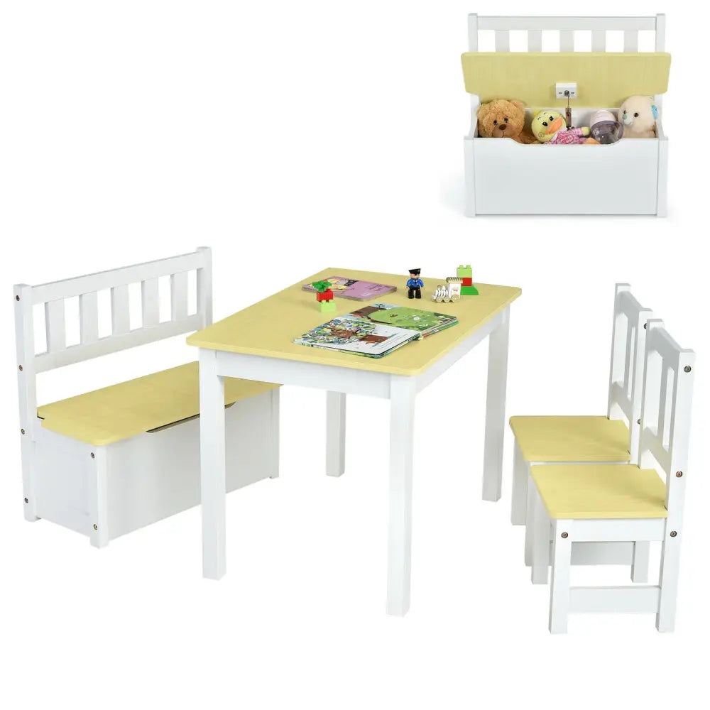 4 Pieces Kids Wooden Activity Table and Chairs Set with Storage Bench and Study Desk-Natural - Natural - Kids Table &