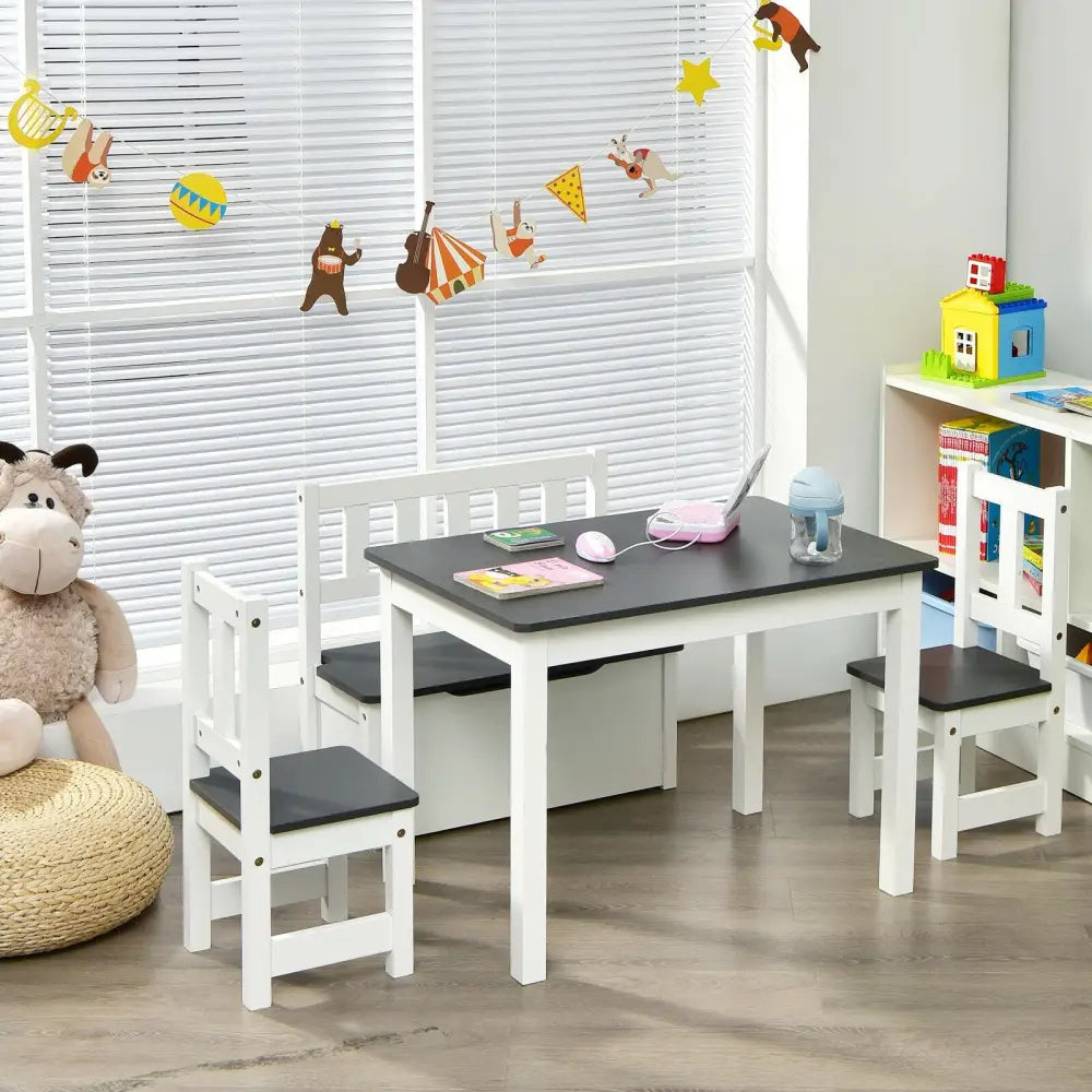4 Pieces Kids Wooden Activity Table and Chairs Set with Storage Bench and Study Desk-Gray - Gray - Kids Table & Chair