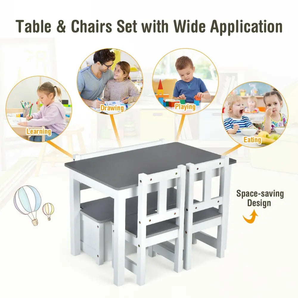4 Pieces Kids Wooden Activity Table and Chairs Set with Storage Bench and Study Desk-Gray - Gray - Kids Table & Chair