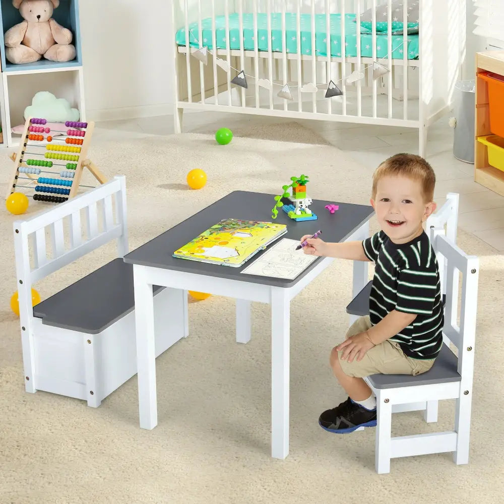 4 Pieces Kids Wooden Activity Table and Chairs Set with Storage Bench and Study Desk-Gray - Gray - Kids Table & Chair