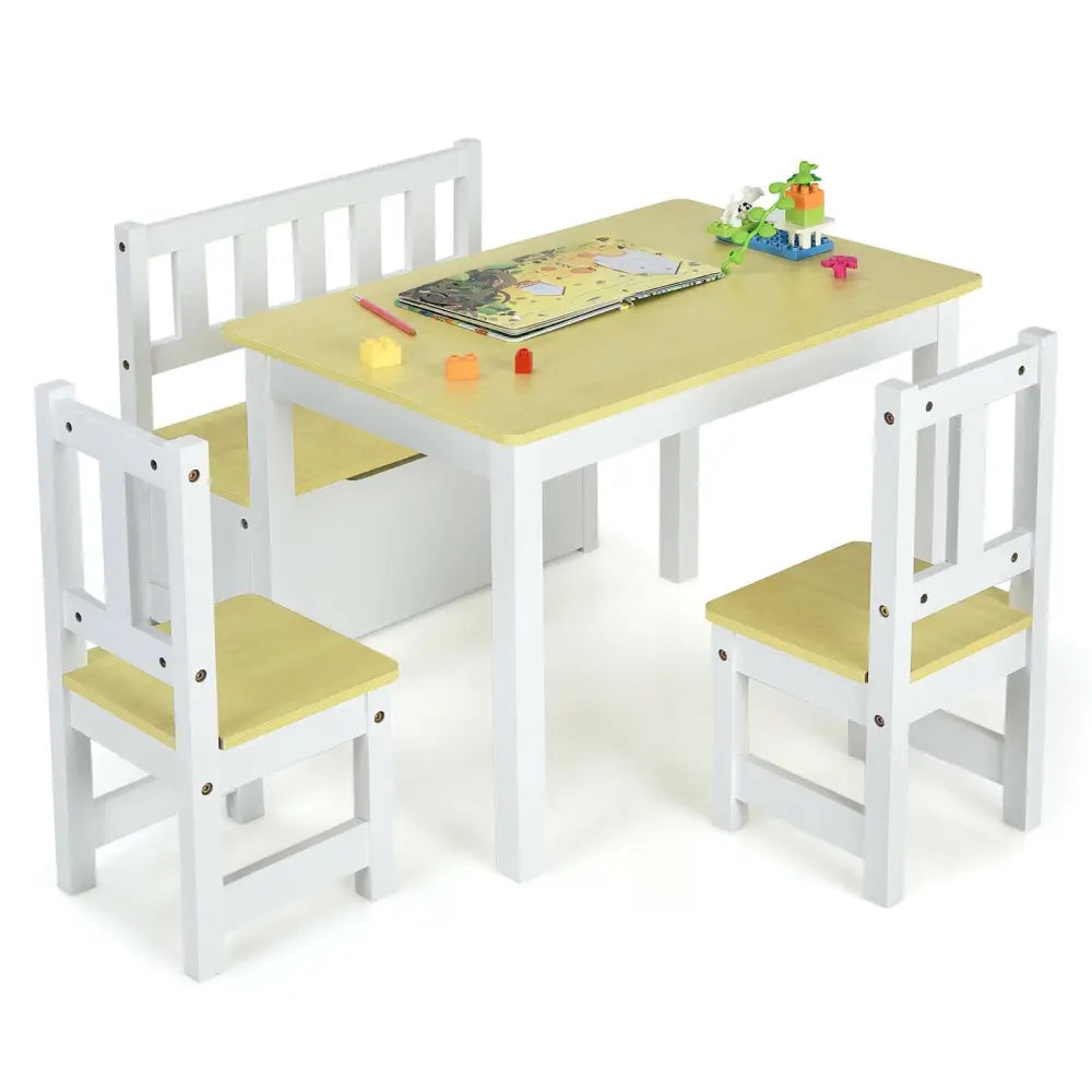 4 Pieces Kids Wooden Activity Table and Chairs Set with Storage Bench and Study Desk-Natural - Natural - Kids Table &